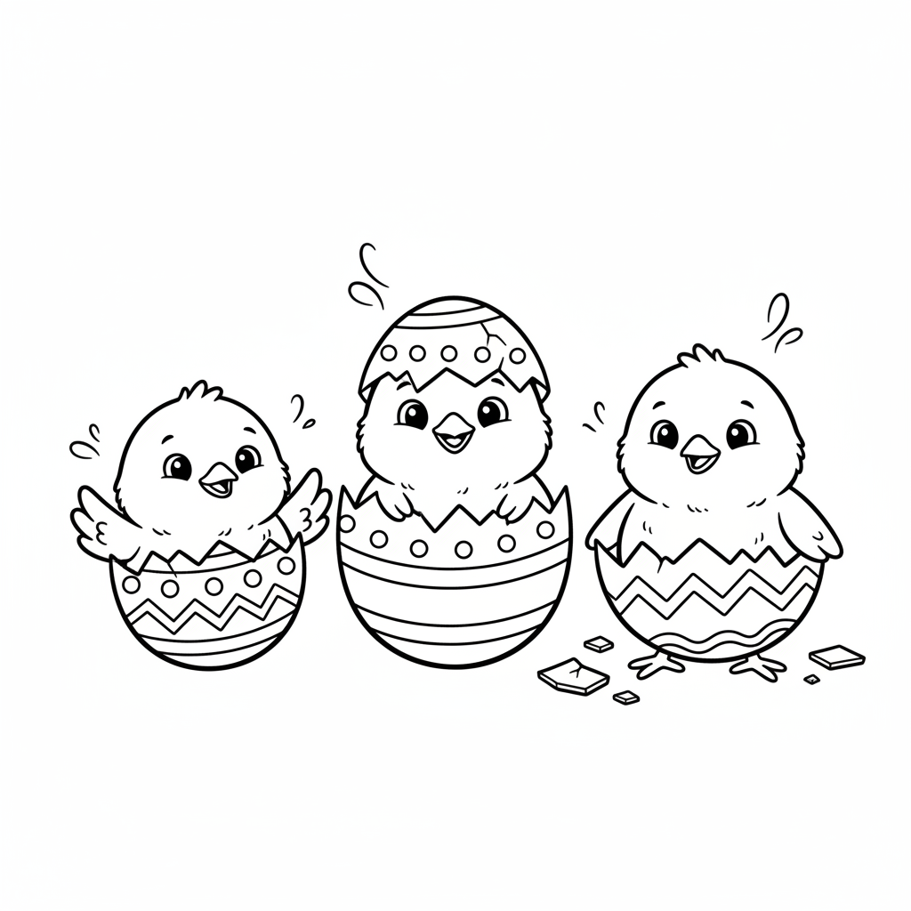 Osterküken schlüpfen aus flauschigen Eiern - Kostenloses druckbares Ausmalbild