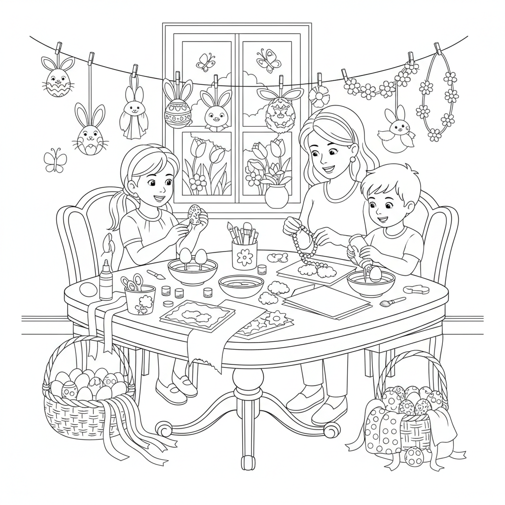 Easter Crafts Making Scene - Free Printable Coloring Page Easter Crafts Making Scene - Free Printable Coloring Page