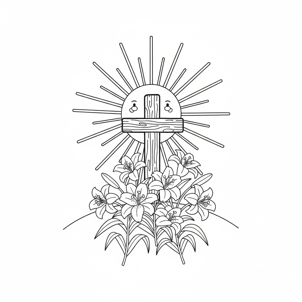 Croix de Pâques au sommet d'une colline, avec lever de soleil et lys - Free Printable Coloring Page Croix de Pâques au sommet d'une colline, avec lever de soleil et lys - Free Printable Coloring Page