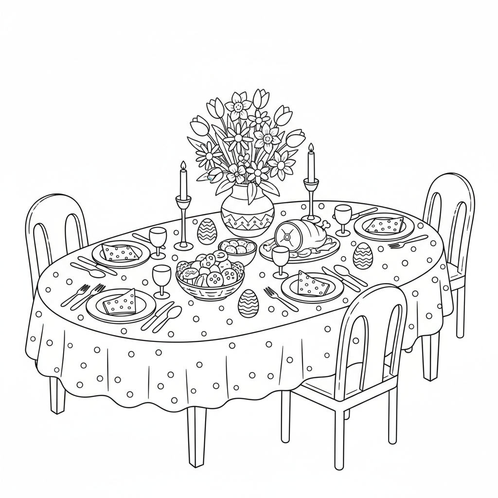 Décoration de table pour le dîner de Pâques avec un centre de table de fleurs printanières - Free Printable Coloring Page Décoration de table pour le dîner de Pâques avec un centre de table de fleurs printanières - Free Printable Coloring Page