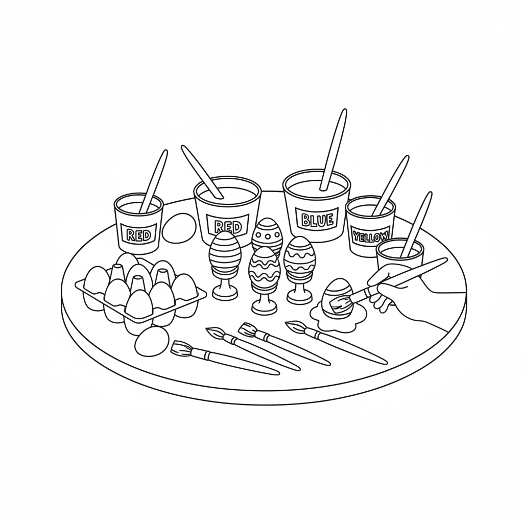 atelier de décoration d'œufs de Pâques, pinceaux, gobelets de teinture - Coloriage gratuit à imprimer