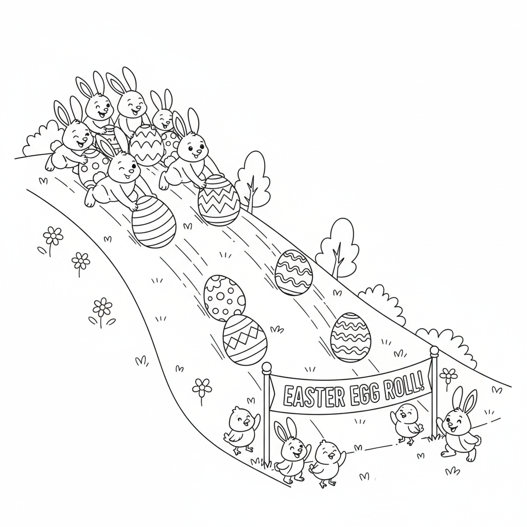 course d'œufs de Pâques en descente sur une colline herbeuse - Coloriage gratuit à imprimer