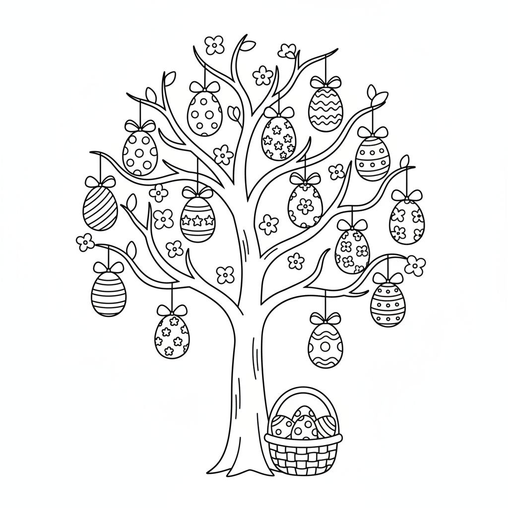 Arbre de Pâques décoré d'œufs peints suspendus - Free Printable Coloring Page Arbre de Pâques décoré d'œufs peints suspendus - Free Printable Coloring Page