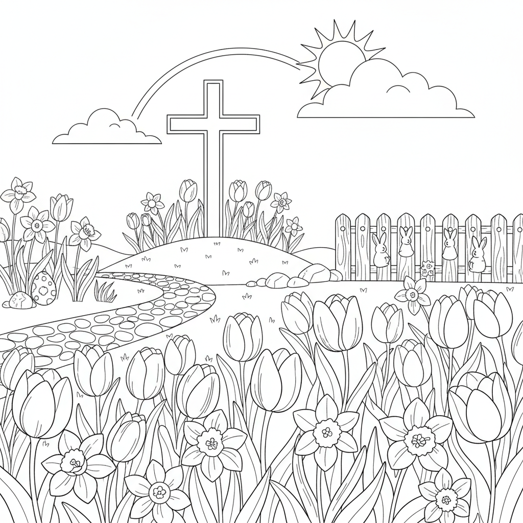 jardin de Pâques avec tulipes et jonquilles en fleurs, scène en croix - Coloriage gratuit à imprimer
