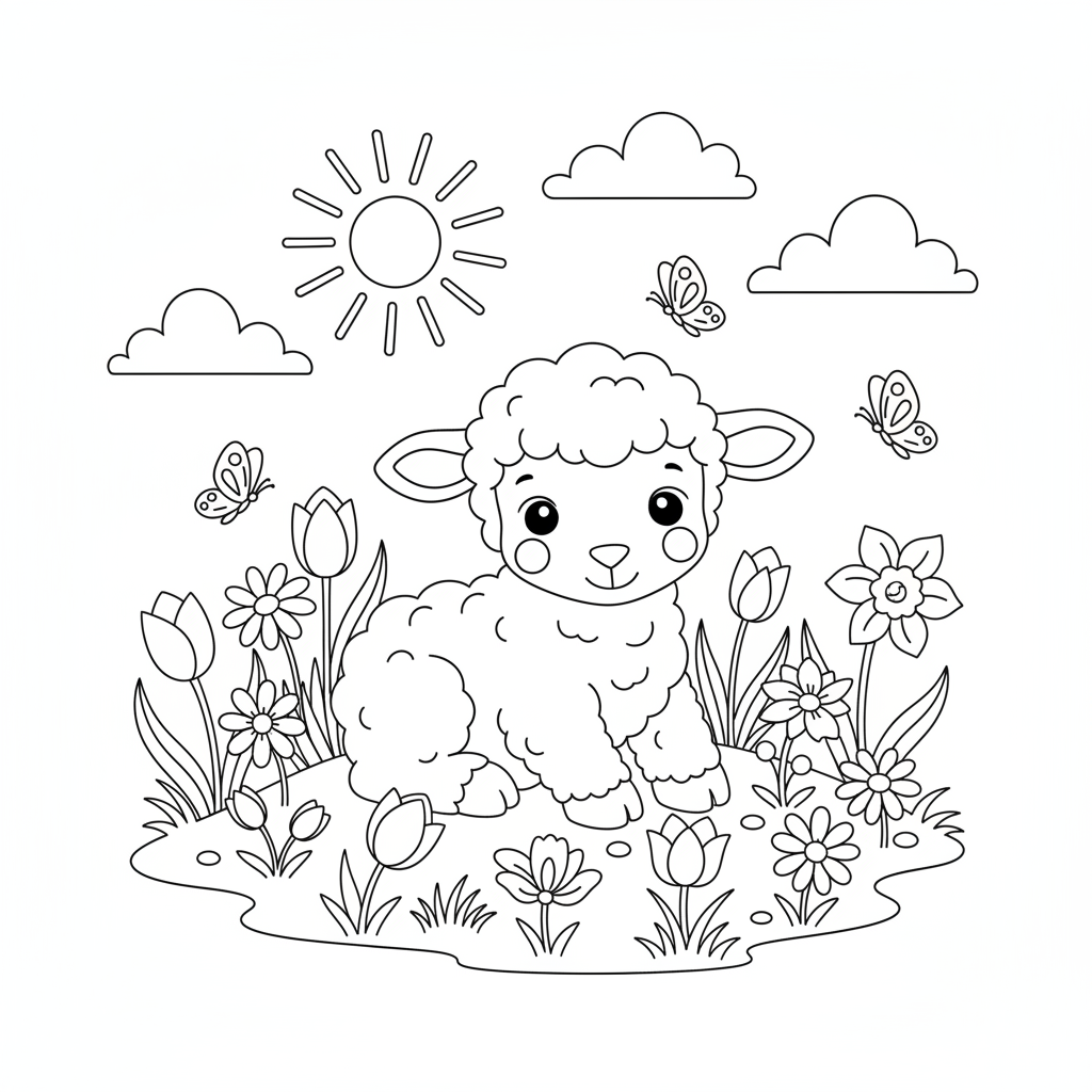 Agneau de Pâques dans une prairie fleurie avec des papillons au printemps - Coloriage gratuit à imprimer
