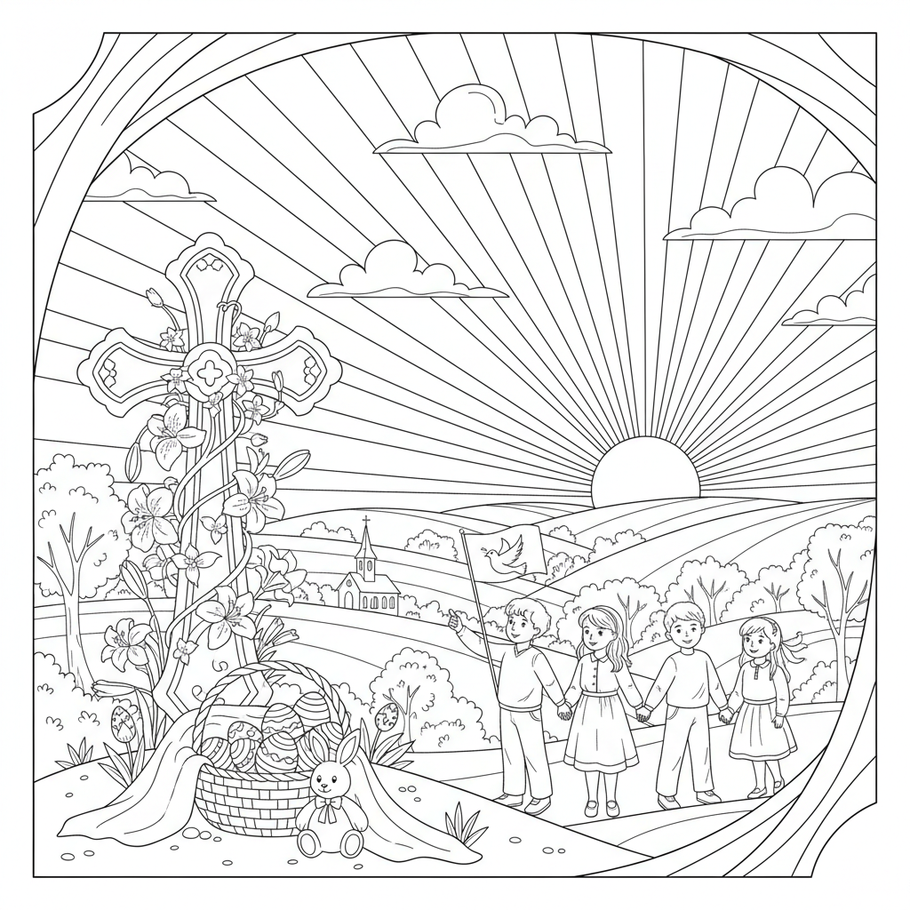 Scena dell'alba di Pasqua - Disegno da colorare gratuito