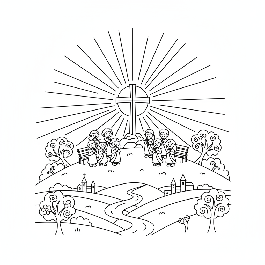 Service de Pâques au lever du soleil en plein air, au sommet d'une colline, sous la lumière matinale - Coloriage gratuit à imprimer