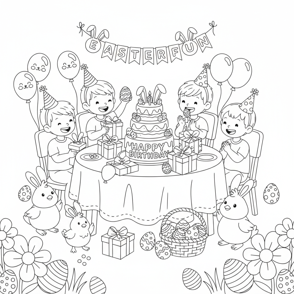 fête d'anniversaire sur le thème de Pâques - Coloriage gratuit à imprimer