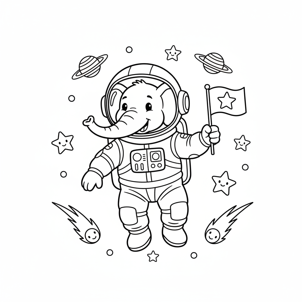Un éléphant astronaute flotte dans l'espace en agitant sa trompe. - Free Printable Coloring Page Un éléphant astronaute flotte dans l'espace en agitant sa trompe. - Free Printable Coloring Page