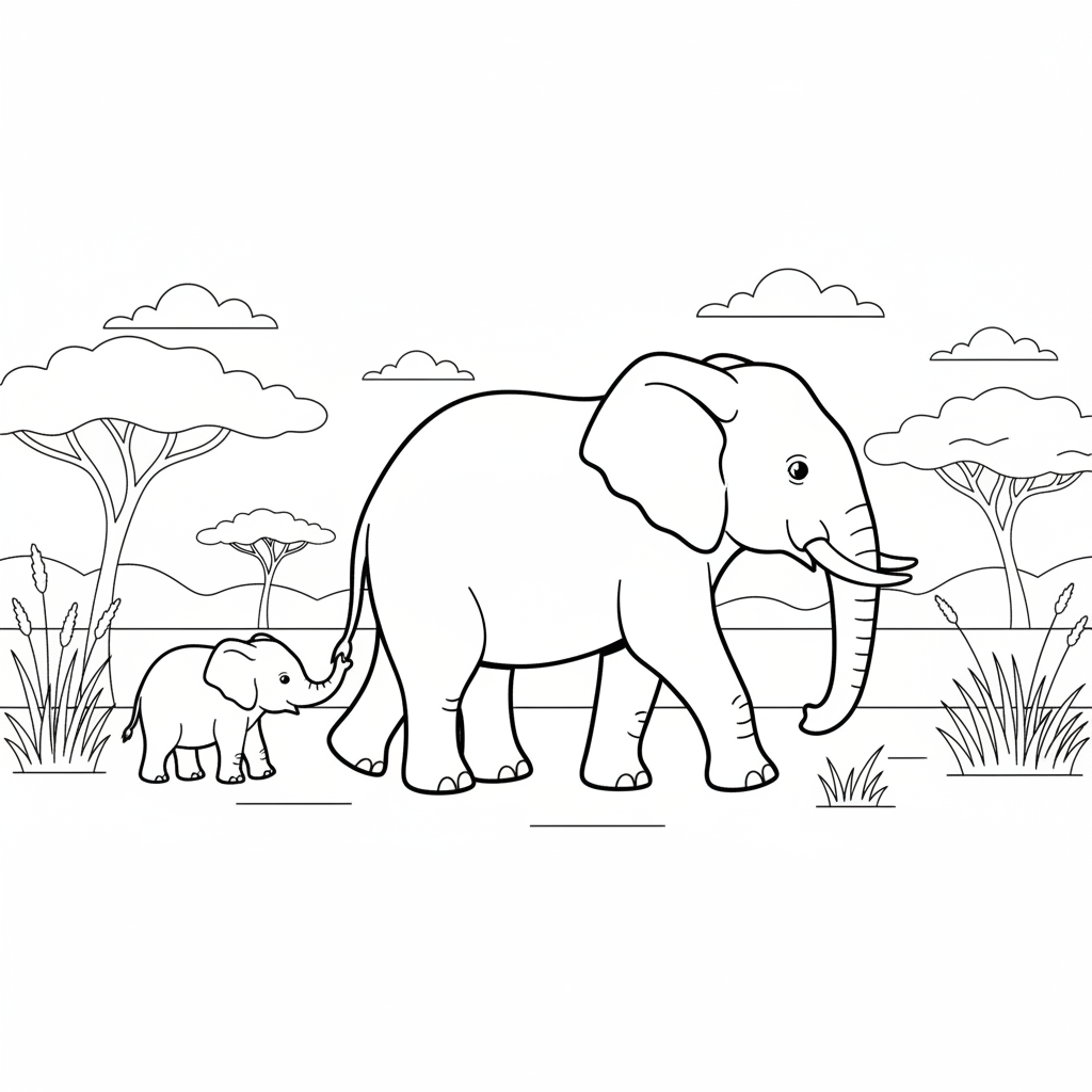 éléphanteau tenant la queue de sa mère en marchant dans la savane - Free Printable Coloring Page éléphanteau tenant la queue de sa mère en marchant dans la savane - Free Printable Coloring Page