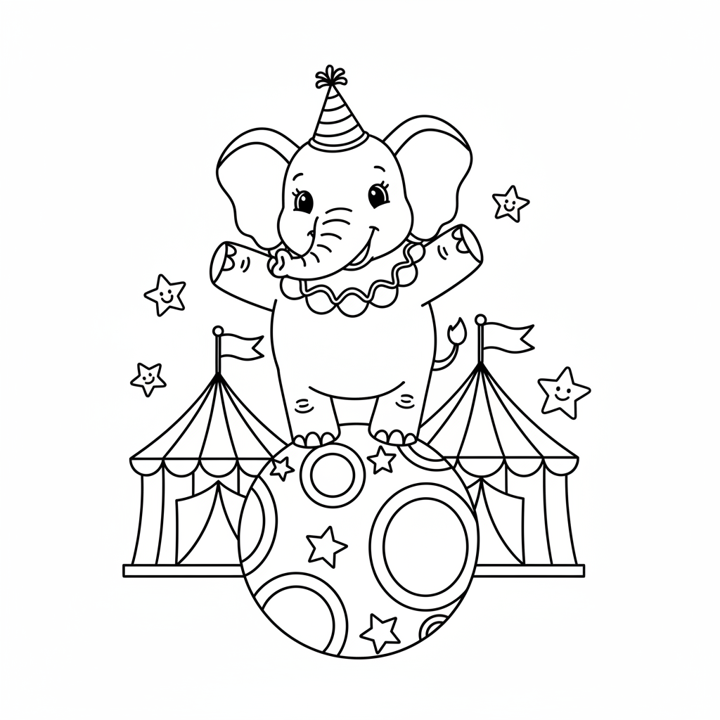 Éléphant de cirque en équilibre sur une balle avec un petit chapeau - Free Printable Coloring Page Éléphant de cirque en équilibre sur une balle avec un petit chapeau - Free Printable Coloring Page