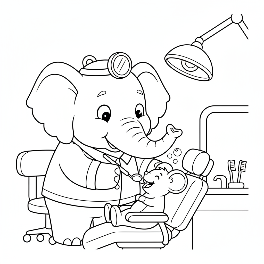 Dentista de elefantes con un pequeño espejo revisando los dientes de un ratón - Free Printable Coloring Page