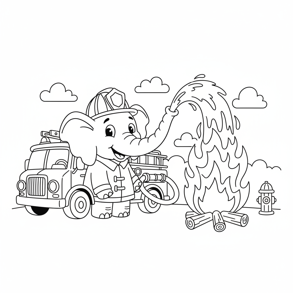 Elefante bombero rocía agua con su trompa sobre el fuego. - Free Printable Coloring Page