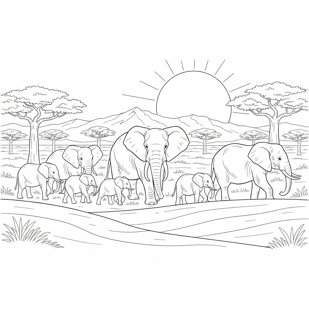 Branco di elefanti che attraversa la savana - Disegno da colorare gratuito