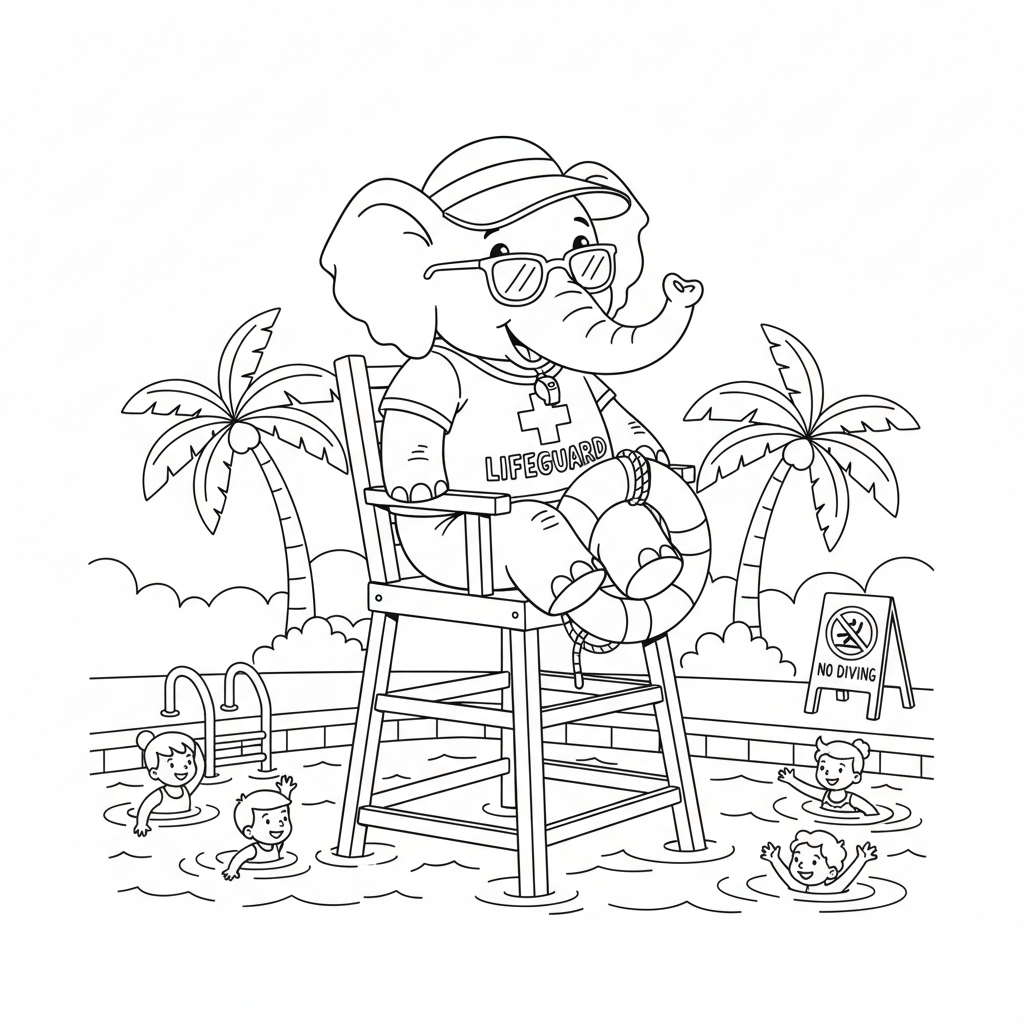 Le maître-nageur éléphant surveille la sécurité de la piscine - Coloriage gratuit à imprimer Le maître-nageur éléphant surveille la sécurité de la piscine - Coloriage gratuit à imprimer
