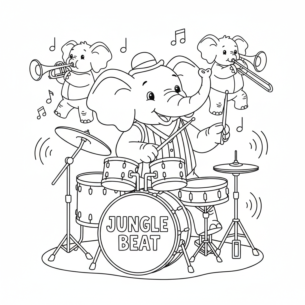 musicien éléphant jouant de la batterie - Coloriage gratuit à imprimer