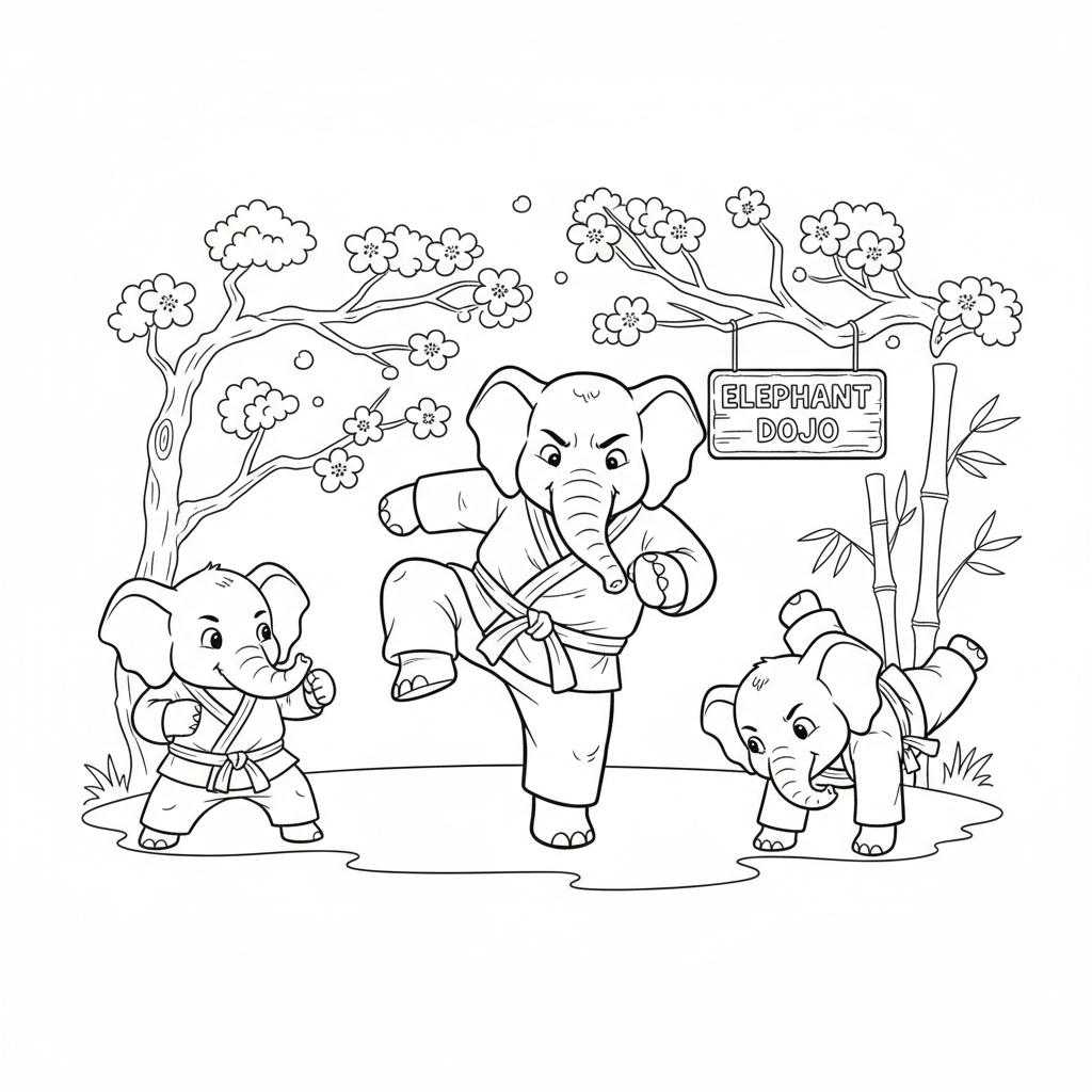 Entraînement aux arts martiaux ninja éléphant - Coloriage gratuit à imprimer Entraînement aux arts martiaux ninja éléphant - Coloriage gratuit à imprimer