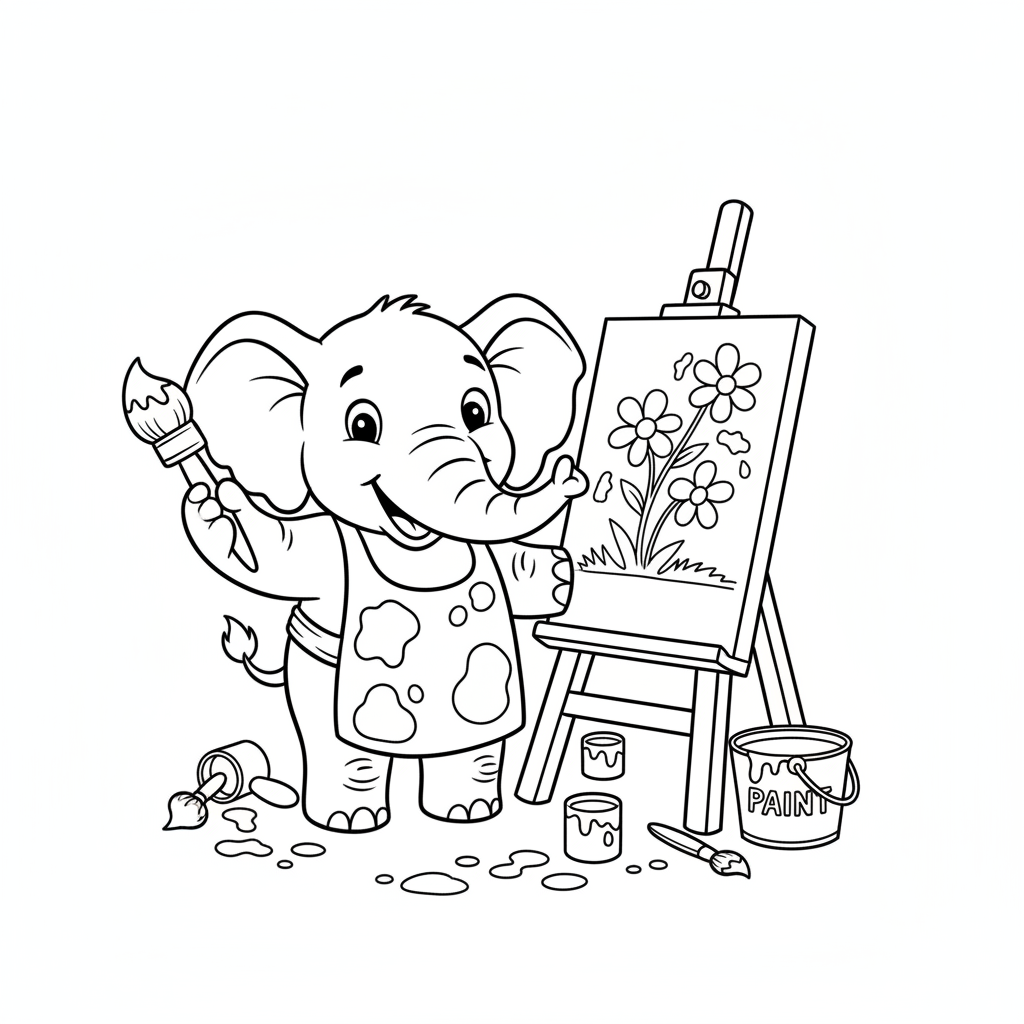 tableau d'un éléphant tenant un pinceau avec sa trompe - Coloriage gratuit à imprimer
