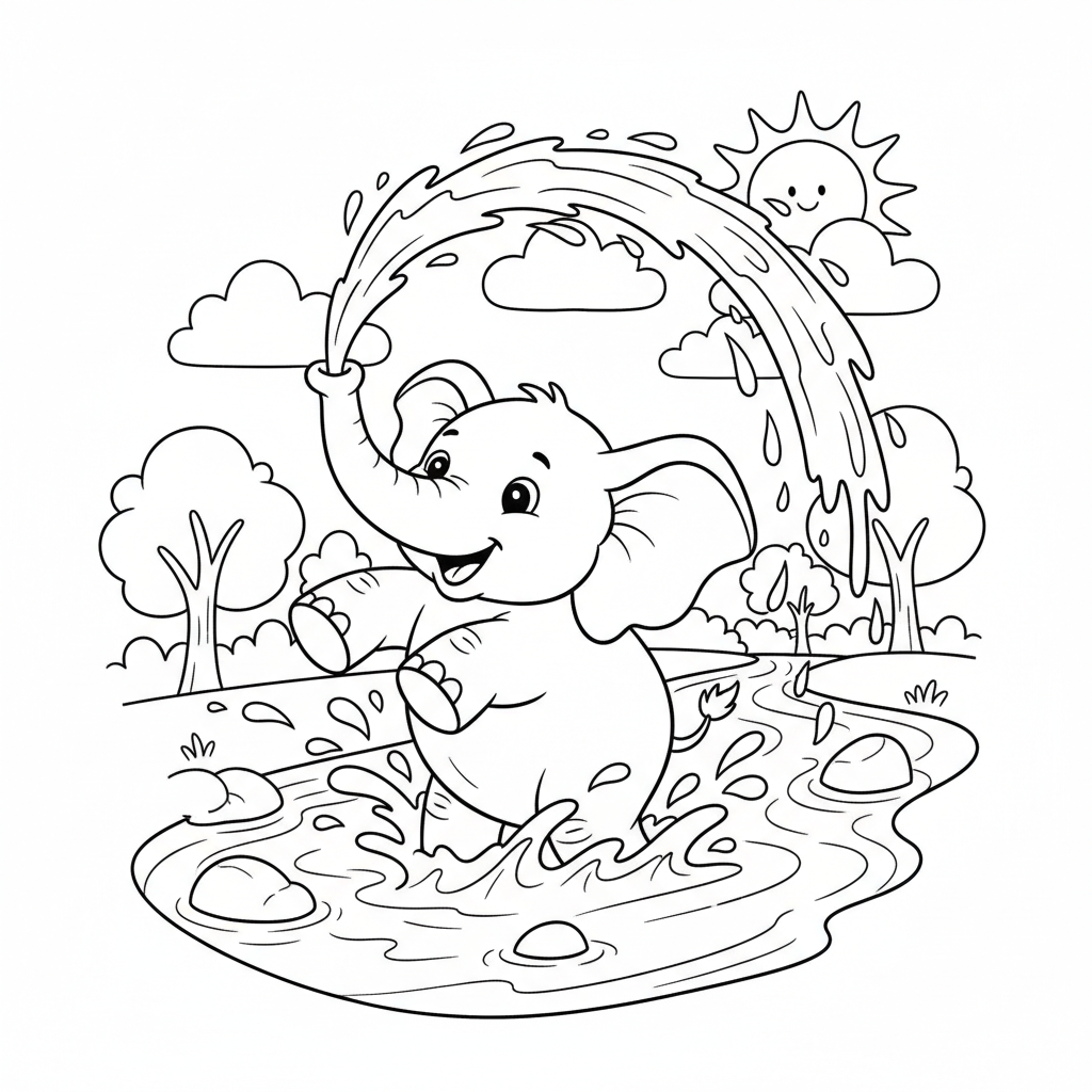 Éléphant jouant dans la rivière, douche d'eau avec sa trompe - Coloriage gratuit à imprimer Éléphant jouant dans la rivière, douche d'eau avec sa trompe - Coloriage gratuit à imprimer