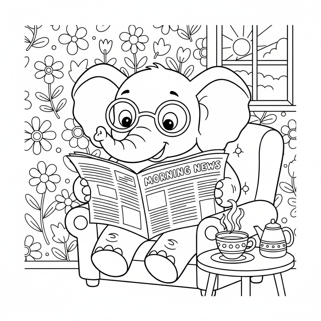 Éléphant portant des lunettes lisant le journal et son café du matin - Free Printable Coloring Page Éléphant portant des lunettes lisant le journal et son café du matin - Free Printable Coloring Page