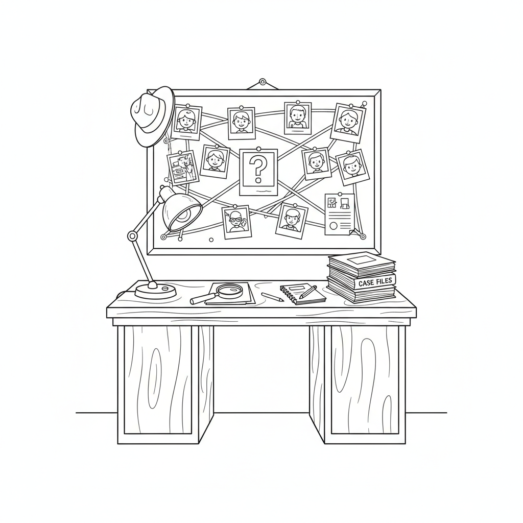 Detective office with a corkboard covered in photos and string connections a desk lamp and case files - Free Printable Coloring Page Detective office with a corkboard covered in photos and string connections a desk lamp and case files - Free Printable Coloring Page