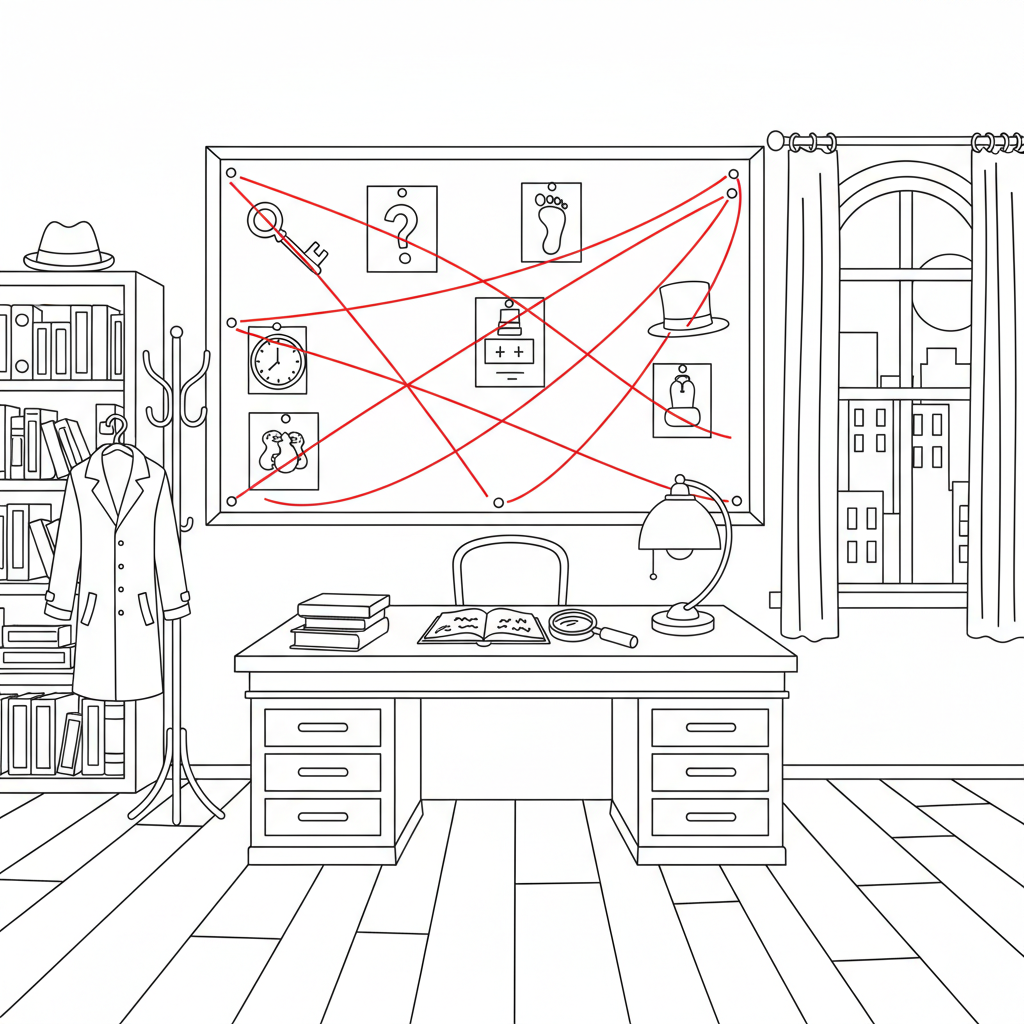 Escape room detective office with cork board clues string connected - Free Printable Coloring Page