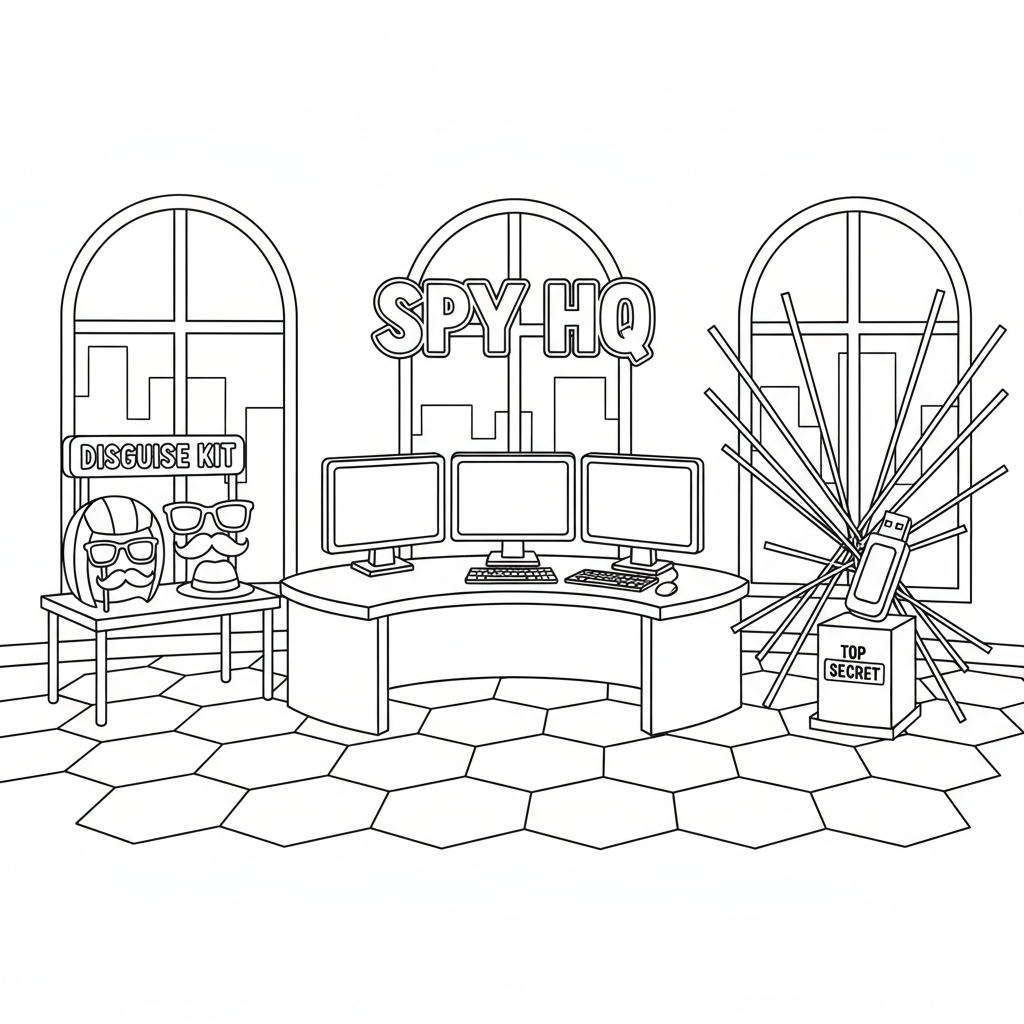 Quartier général d'espionnage avec écrans diffusant des flux de surveillance, kit de déguisement, grille laser protégeant une clé USB - Coloriage gratuit à imprimer