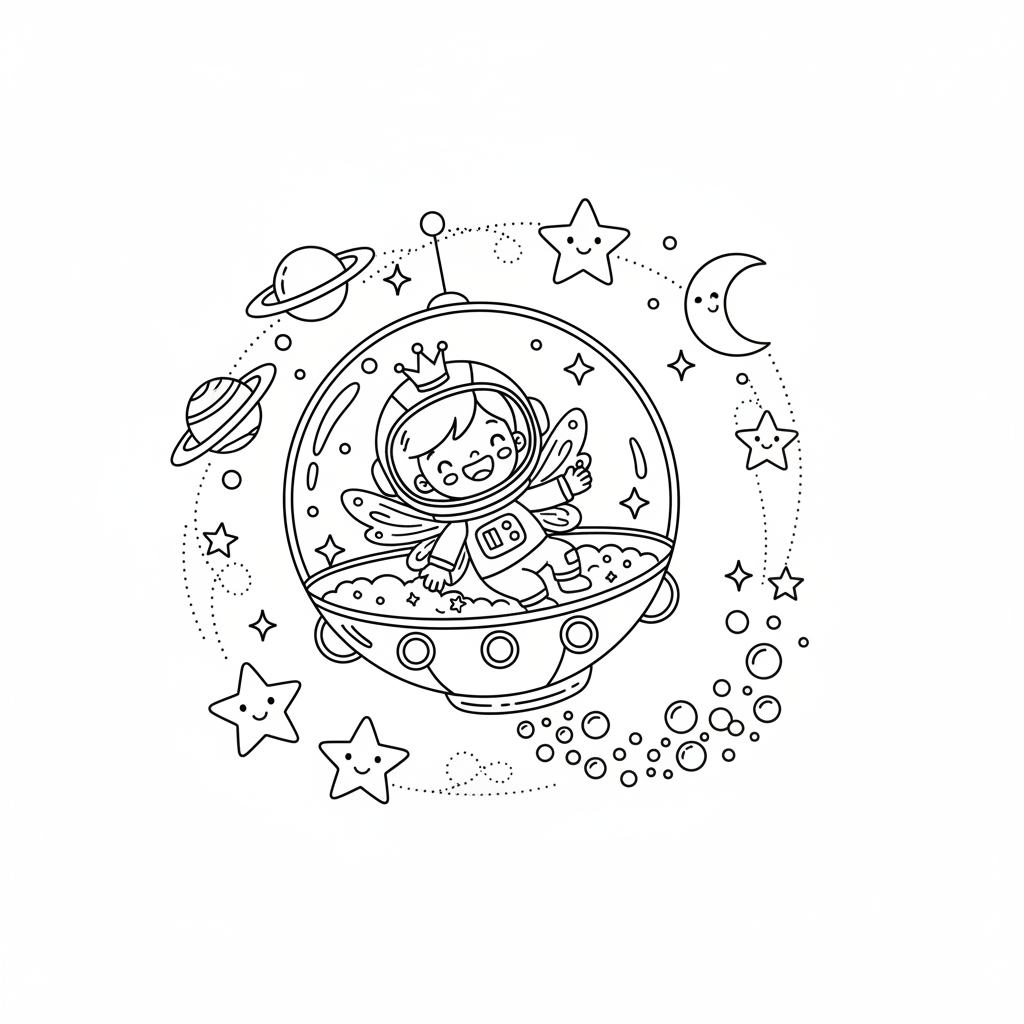 Feeënastronaut verkent de ruimte in een glinsterend bubbelschip. - Free Printable Coloring Page