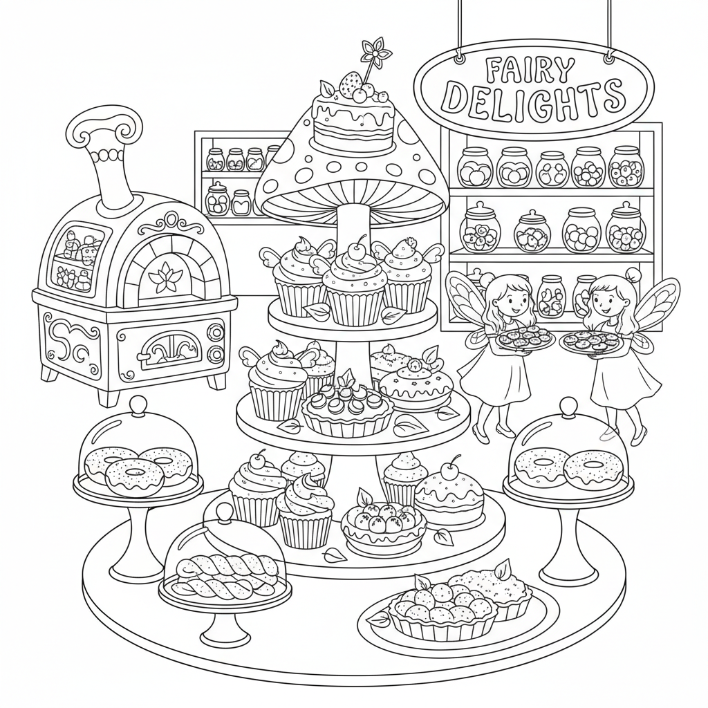 Uitstalling van zoete lekkernijen in een sprookjesbakkerij - Gratis afdrukbare kleurplaat Uitstalling van zoete lekkernijen in een sprookjesbakkerij - Gratis afdrukbare kleurplaat