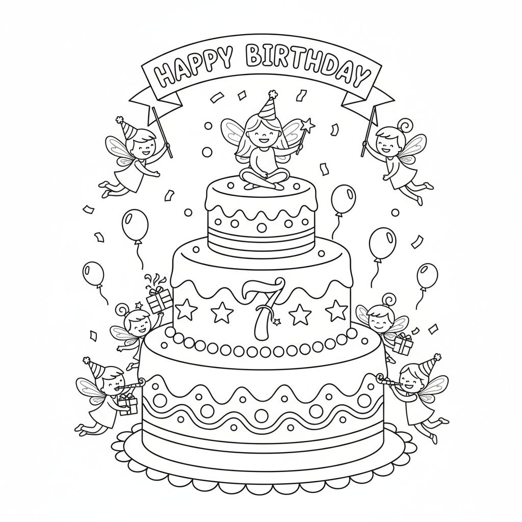 Feeën verjaardagstaart - Gratis afdrukbare kleurplaat