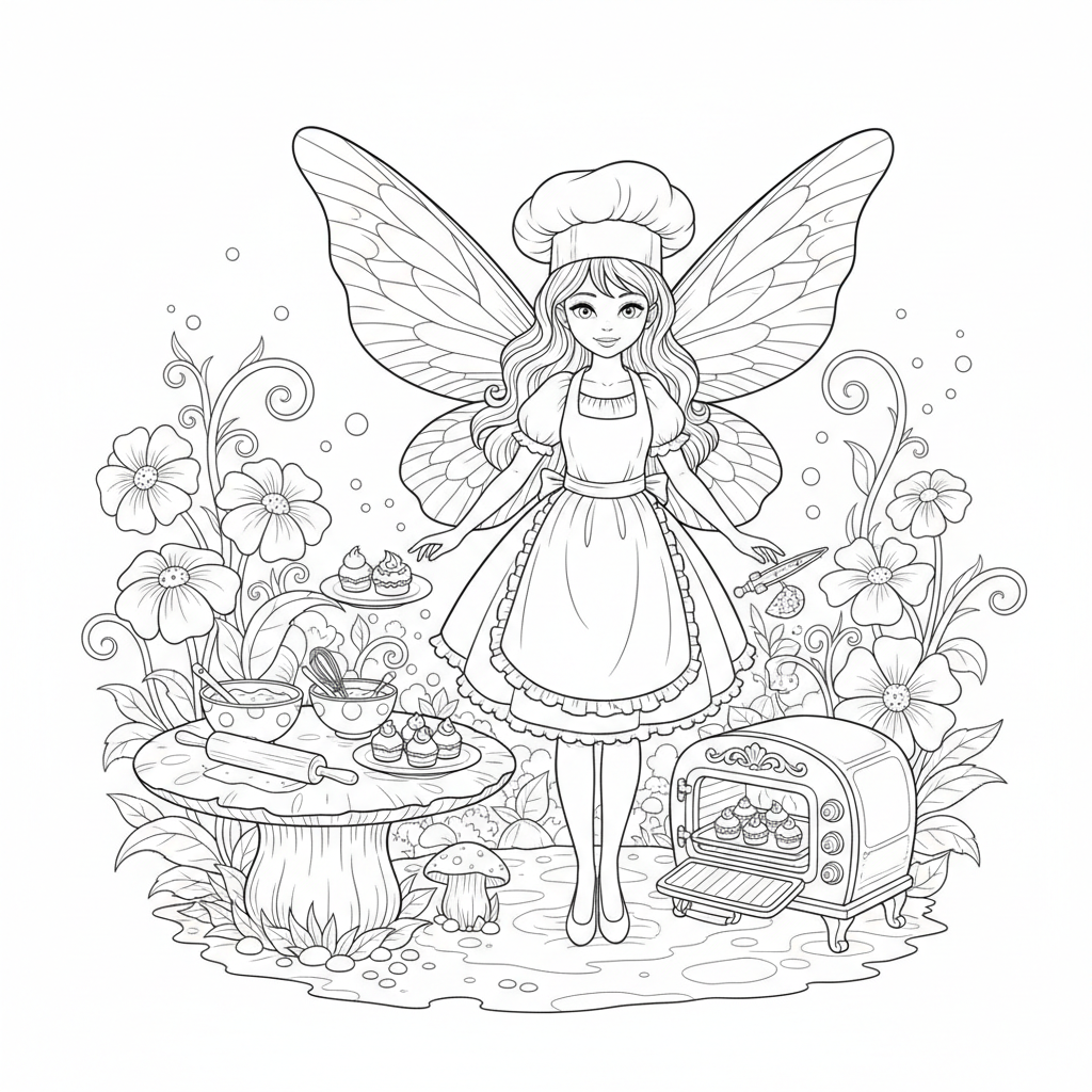Le chef des fées prépare de minuscules gâteaux - Coloriage gratuit à imprimer