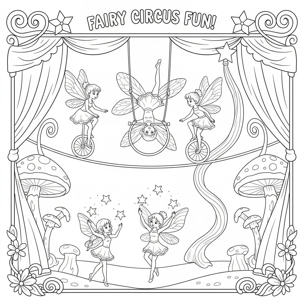 Sprookjescircus, kleine artiesten, luchtacrobatiek - Gratis afdrukbare kleurplaat Sprookjescircus, kleine artiesten, luchtacrobatiek - Gratis afdrukbare kleurplaat
