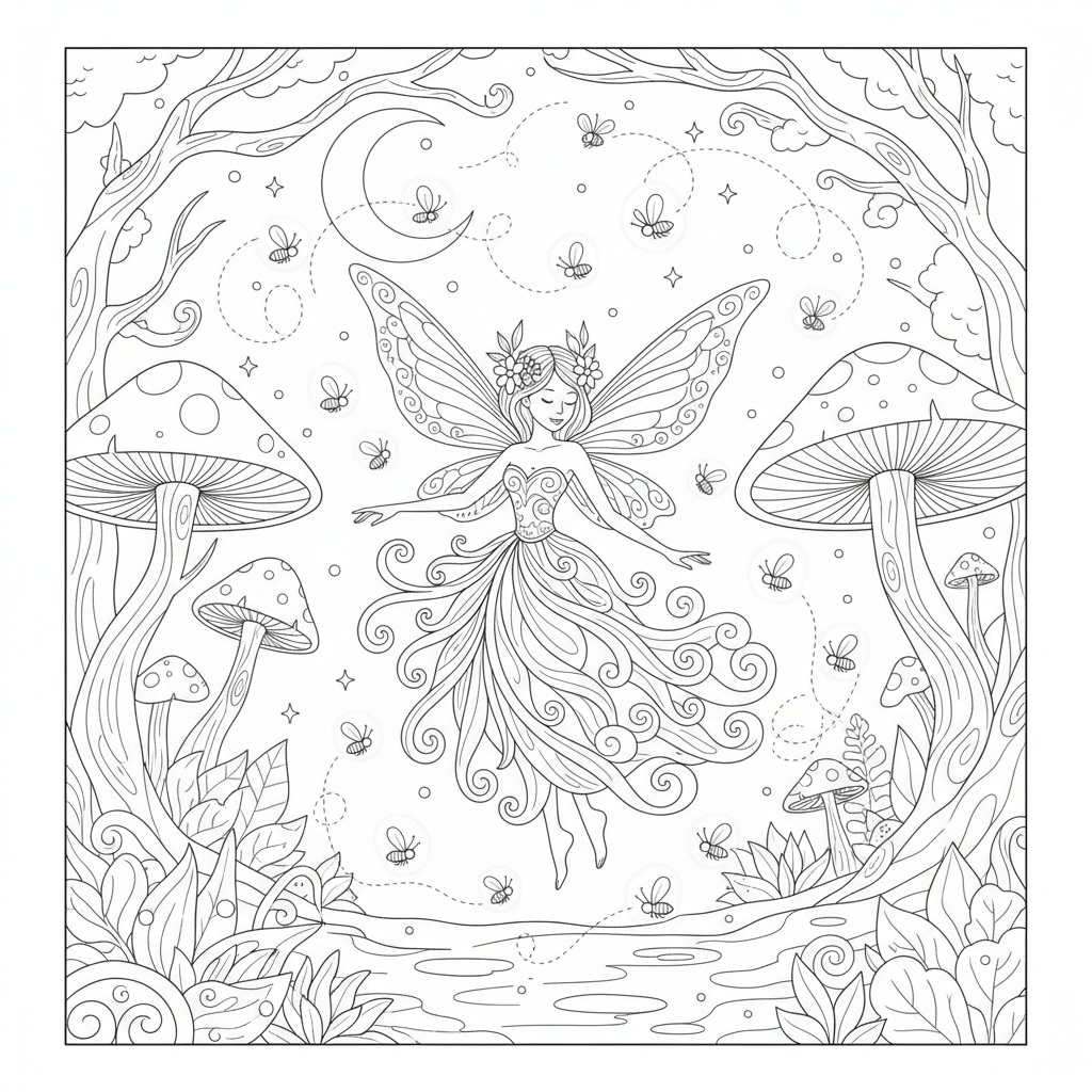 Fairy Dancing With Fireflies - Free Printable Coloring Page Fairy Dancing With Fireflies - Free Printable Coloring Page