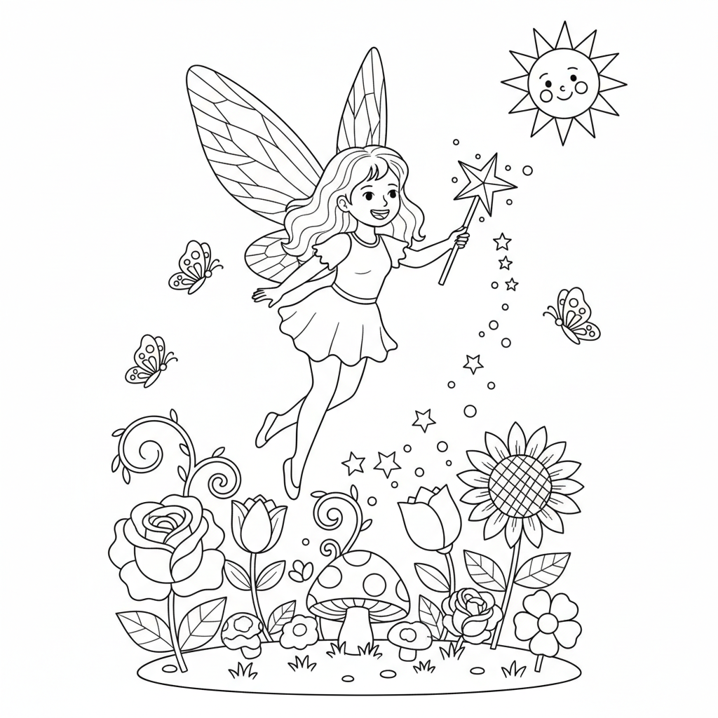 Bloemen bestrooien met feeënstof met een toverstafje en glitter in de tuin - Free Printable Coloring Page Bloemen bestrooien met feeënstof met een toverstafje en glitter in de tuin - Free Printable Coloring Page
