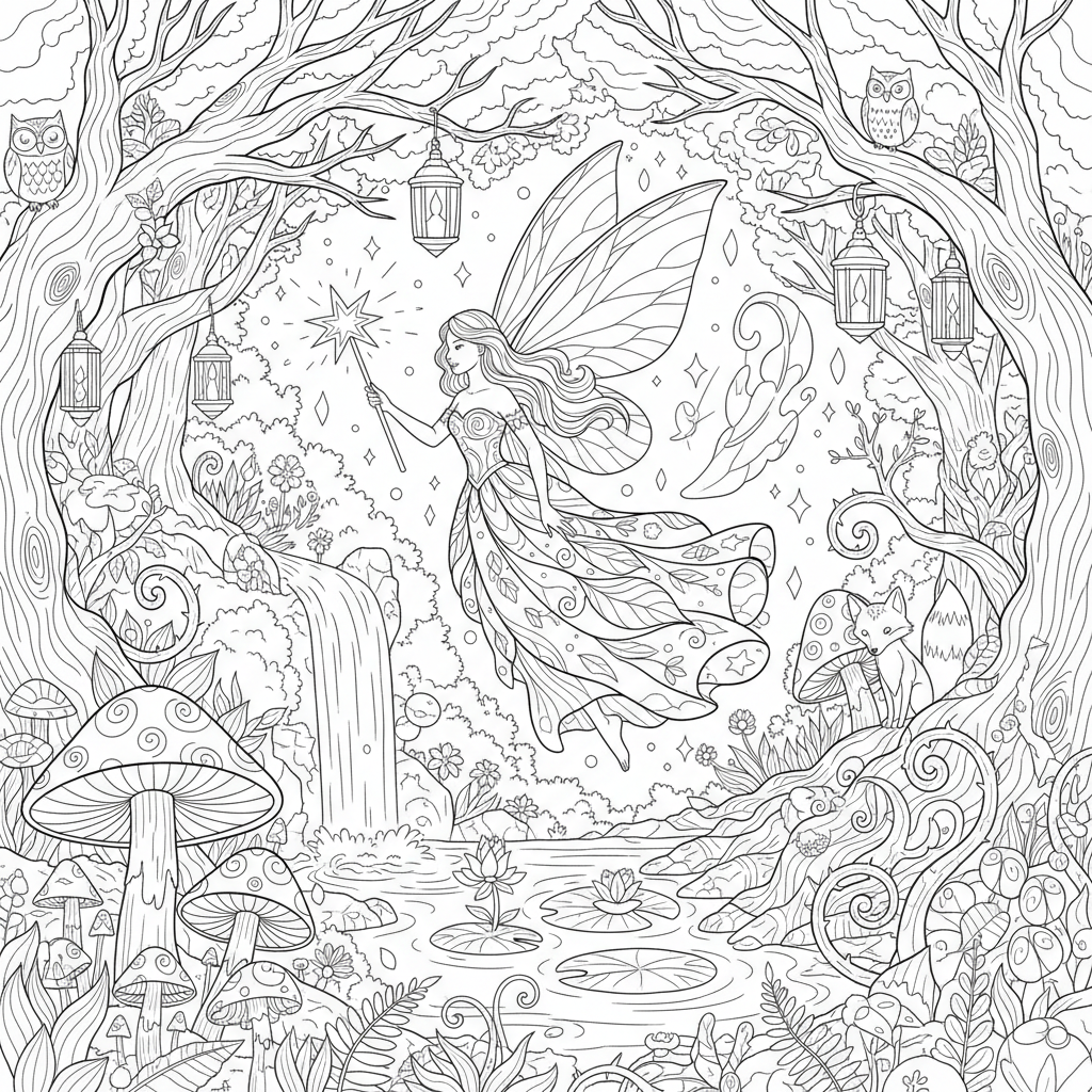 Fairy Flying Through Enchanted Forest - Free Printable Coloring Page Fairy Flying Through Enchanted Forest - Free Printable Coloring Page