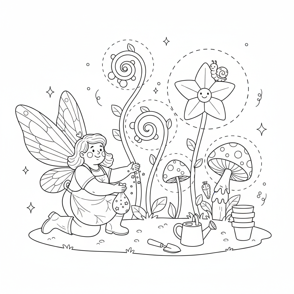 Een feeëntuinier kweekt magische, gloeiende planten. - Free Printable Coloring Page