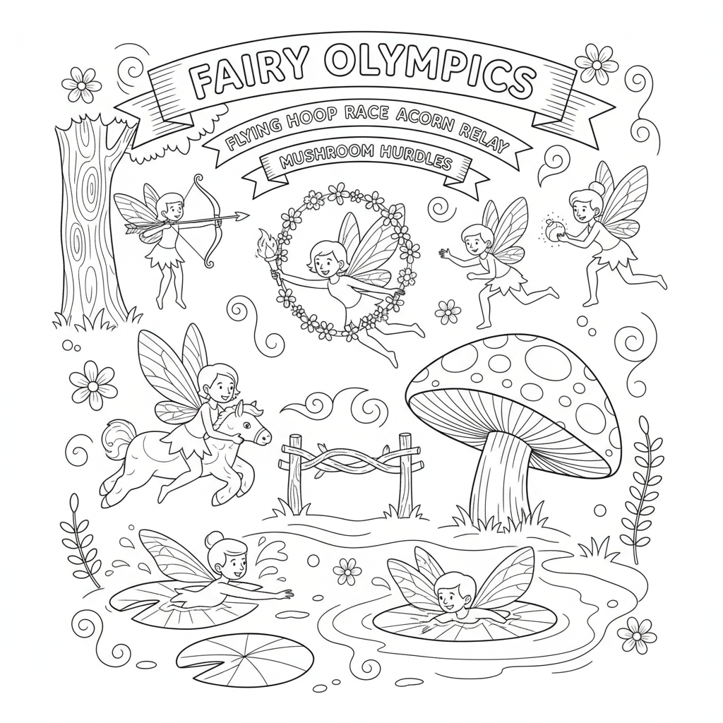 Sprookjes Olympische Spelen competitiesporten - Gratis afdrukbare kleurplaat