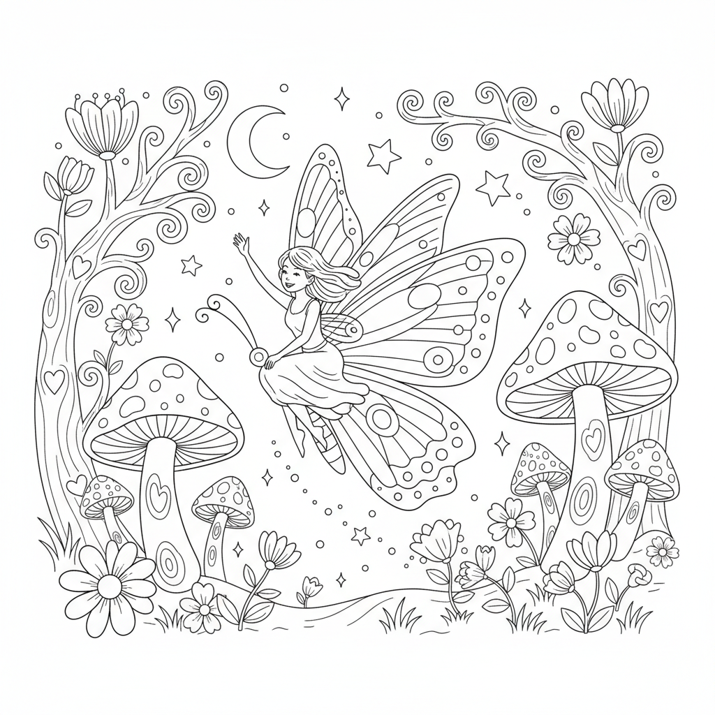 Een fee die op een vlinder terugrijdt door het betoverde bos. - Free Printable Coloring Page Een fee die op een vlinder terugrijdt door het betoverde bos. - Free Printable Coloring Page