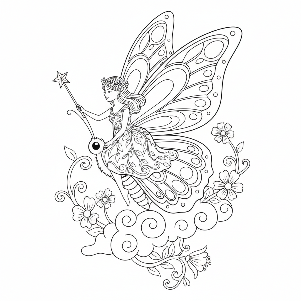 Fée chevauchant un papillon - Coloriage gratuit à imprimer