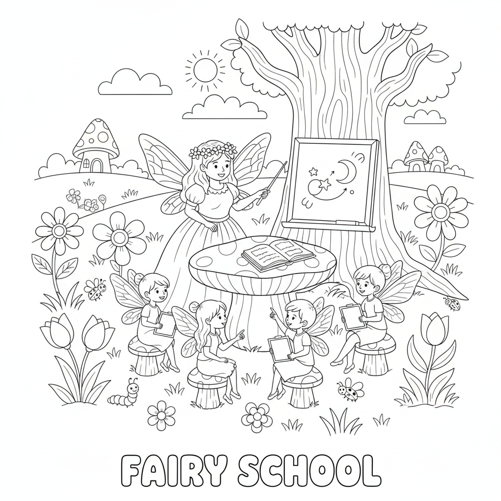 Fairy school in meadow outdoor class - Free Printable Coloring Page Fairy school in meadow outdoor class - Free Printable Coloring Page