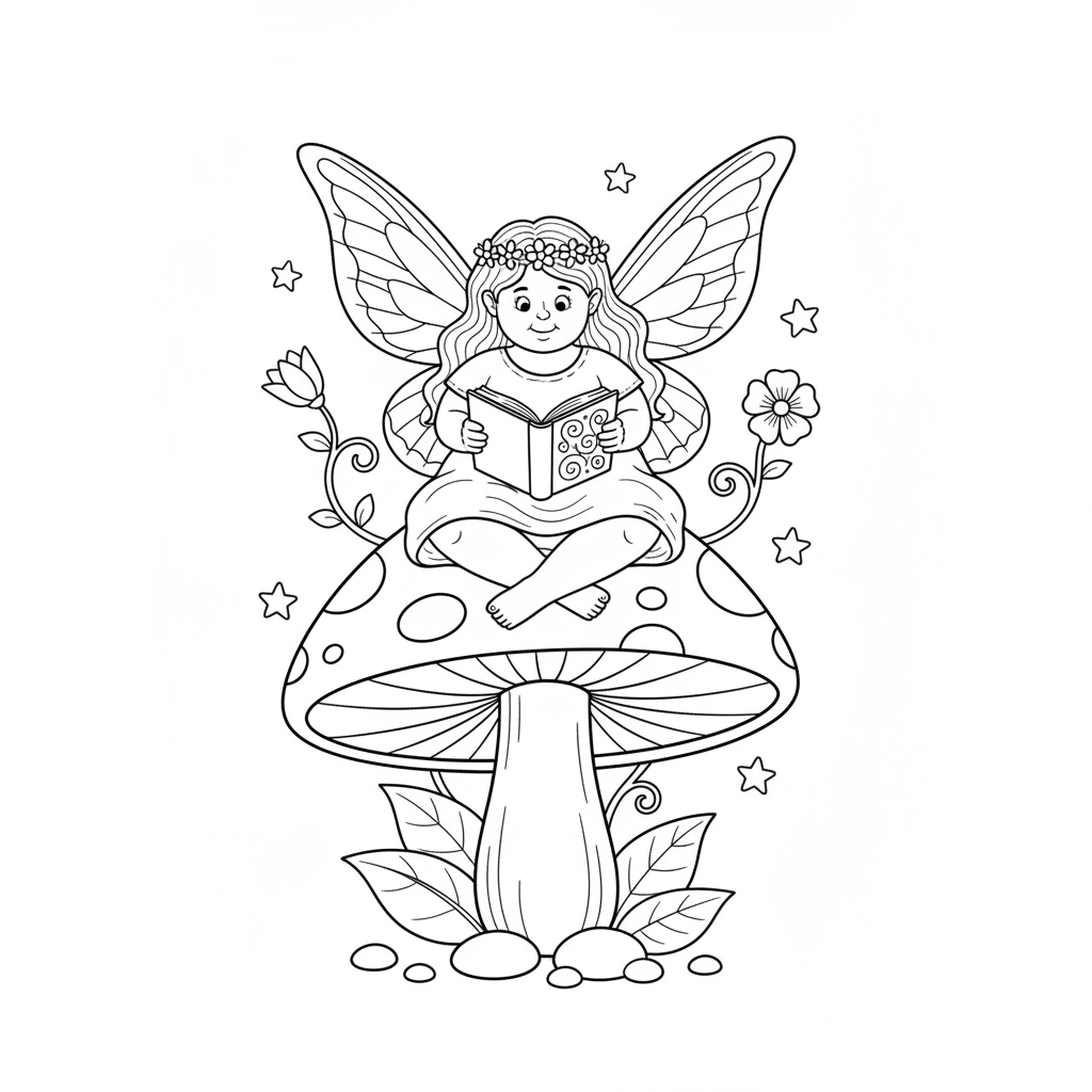 Een fee zit op een paddenstoel en leest in een klein toverboekje. - Free Printable Coloring Page Een fee zit op een paddenstoel en leest in een klein toverboekje. - Free Printable Coloring Page