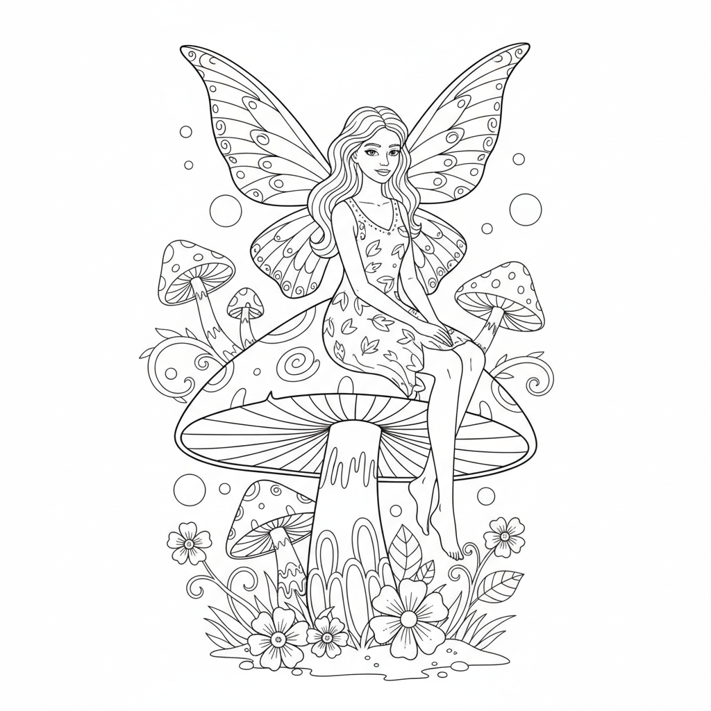 Fairy Sitting On Mushroom - Free Printable Coloring Page Fairy Sitting On Mushroom - Free Printable Coloring Page