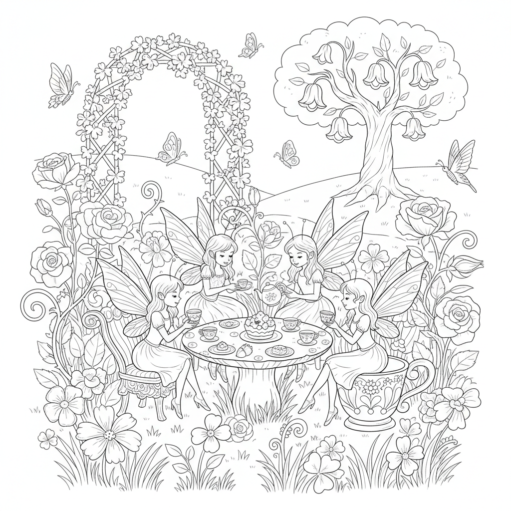 Fairy Tea Party In Garden - Free Printable Coloring Page Fairy Tea Party In Garden - Free Printable Coloring Page