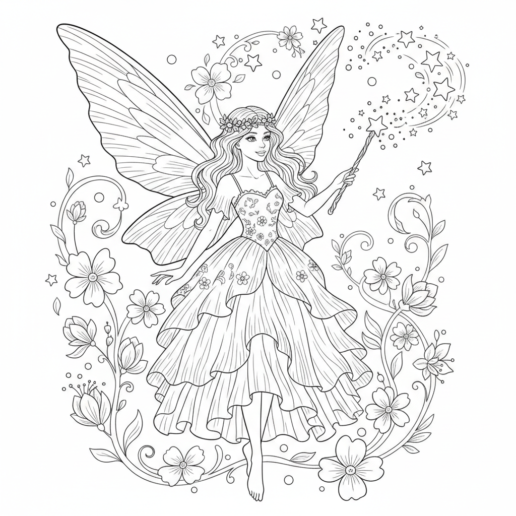 Fairy With Magic Wand And Sparkles - Free Printable Coloring Page Fairy With Magic Wand And Sparkles - Free Printable Coloring Page