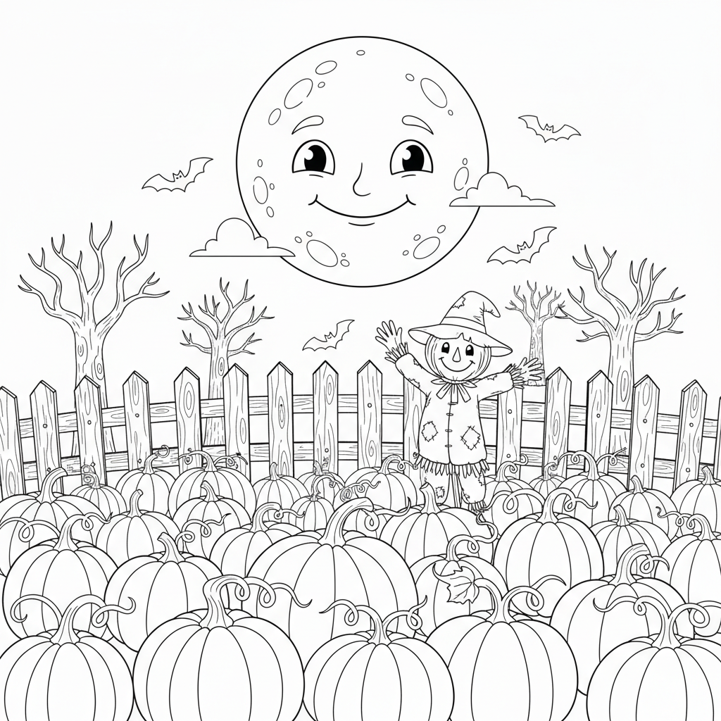 Autumn harvest moon rising over pumpkin patch night - Free Printable Coloring Page
