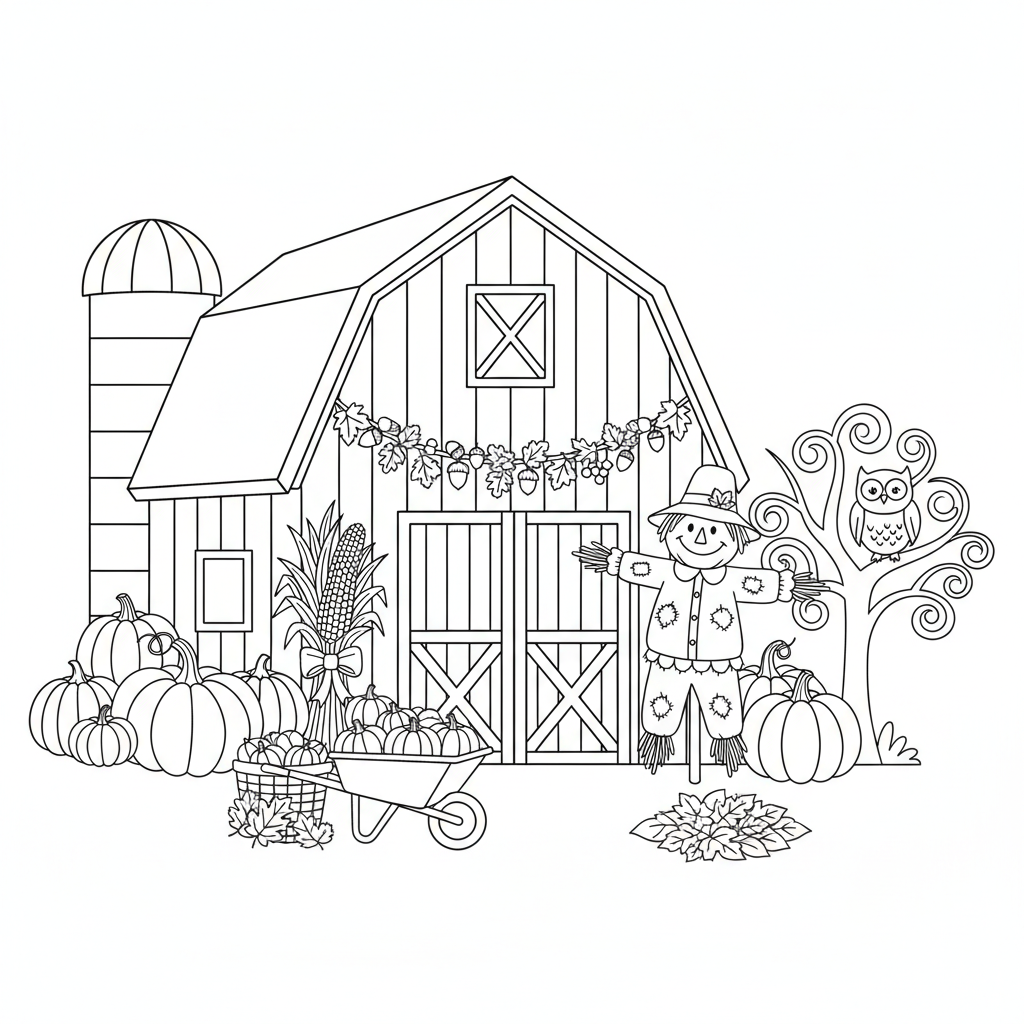 Barn with fall decorations festive scene - Free Printable Coloring Page
