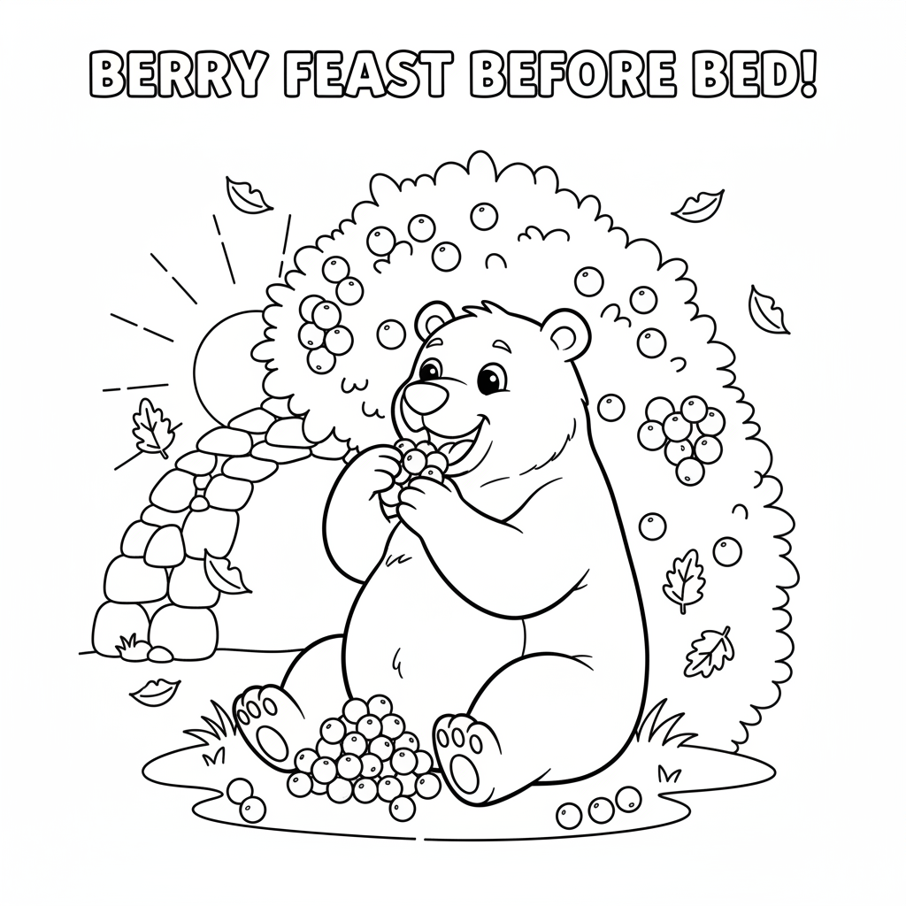 Bär bereitet sich auf den Winterschlaf vor und frisst Beeren - Free Printable Coloring Page