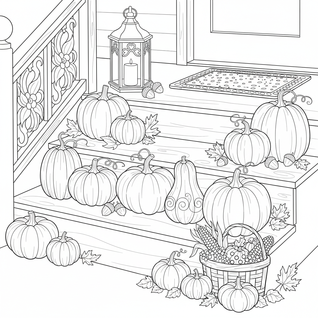 Decorative Pumpkins On Porch Steps - Free Printable Coloring Page Decorative Pumpkins On Porch Steps - Free Printable Coloring Page