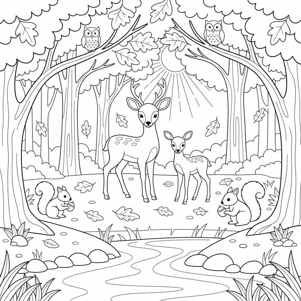 Hjort i höstskogens fredliga scen - Gratis utskrivbar målarbild Hjort i höstskogens fredliga scen - Gratis utskrivbar målarbild