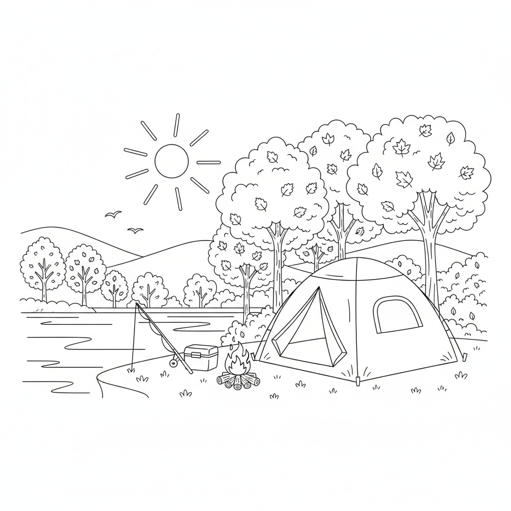Fall camping trip tent beside lake colorful trees - Free Printable Coloring Page